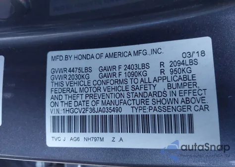 2018 Honda Accord Sport 2.0T z USA, uszkodzony, nr VIN 1HGCV2F36JA035490